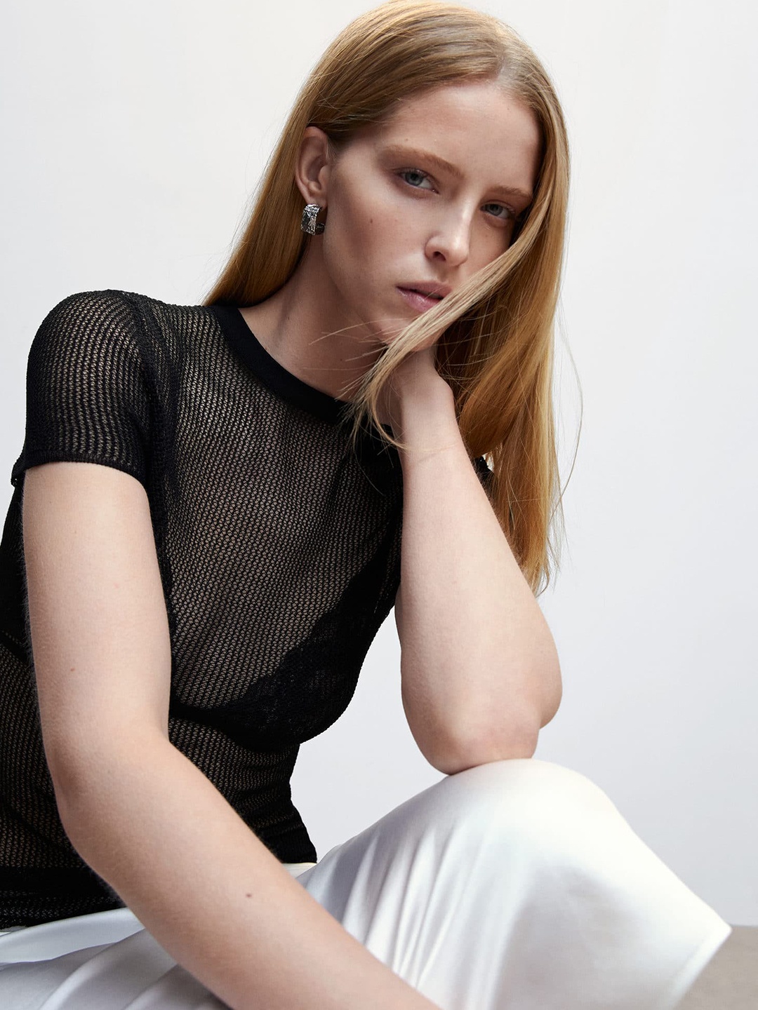 

MANGO Openwork Knit Top, Black