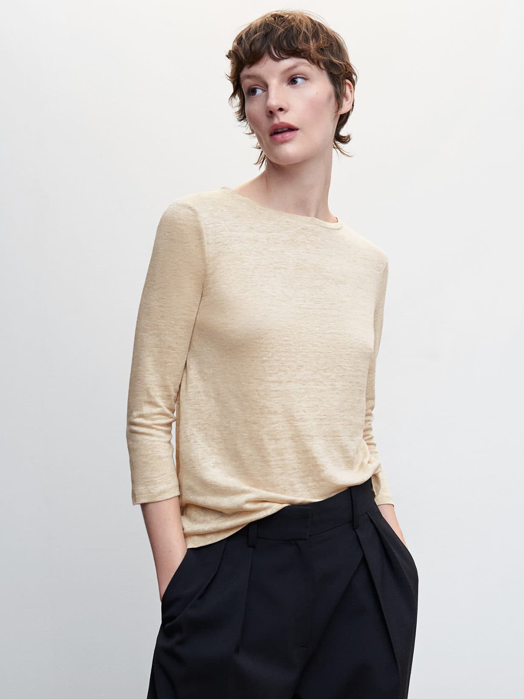 

MANGO Linen Solid T-shirt, Beige