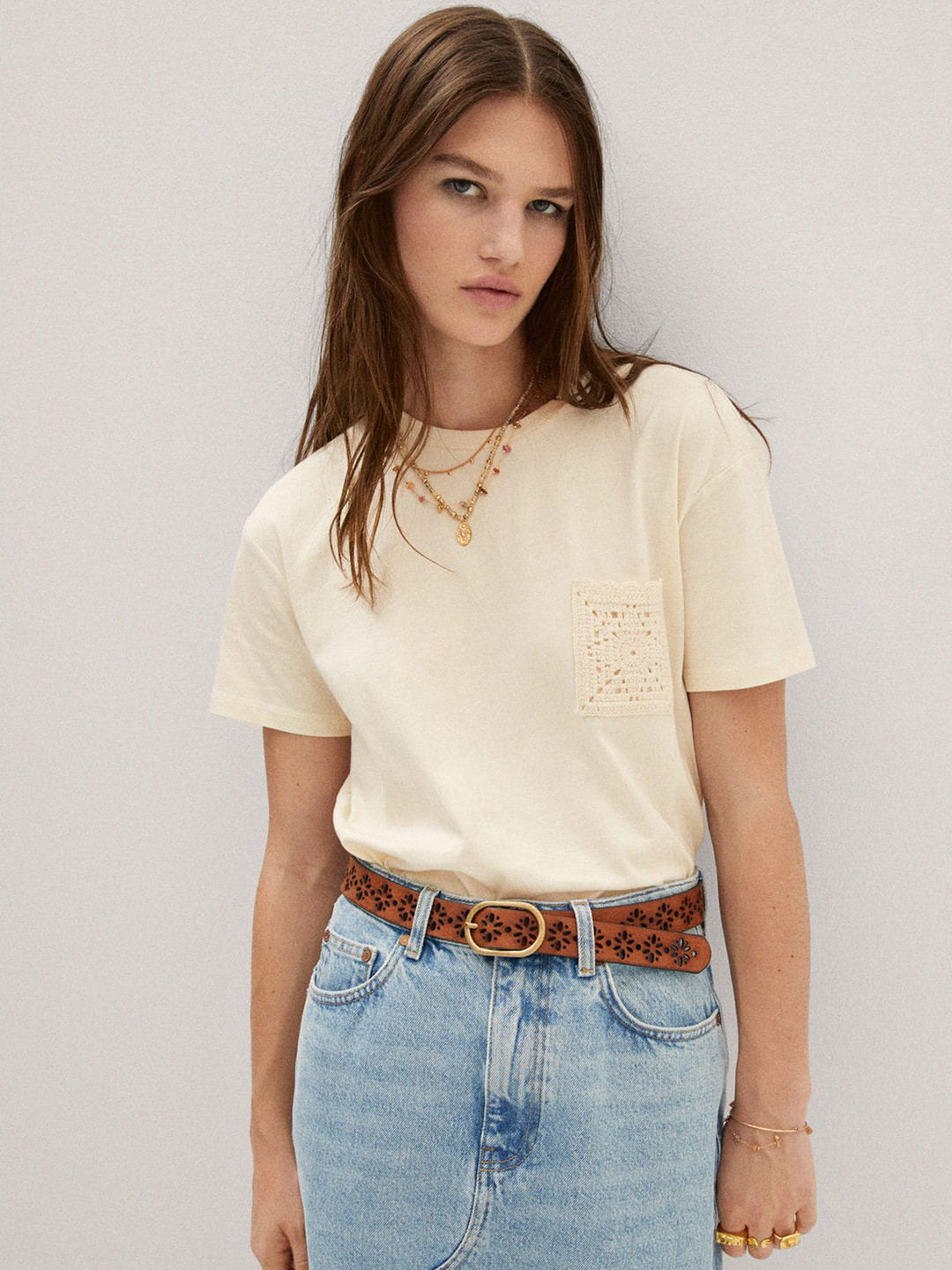 

MANGO Cotton Crochet Pocket T-shirt, Beige