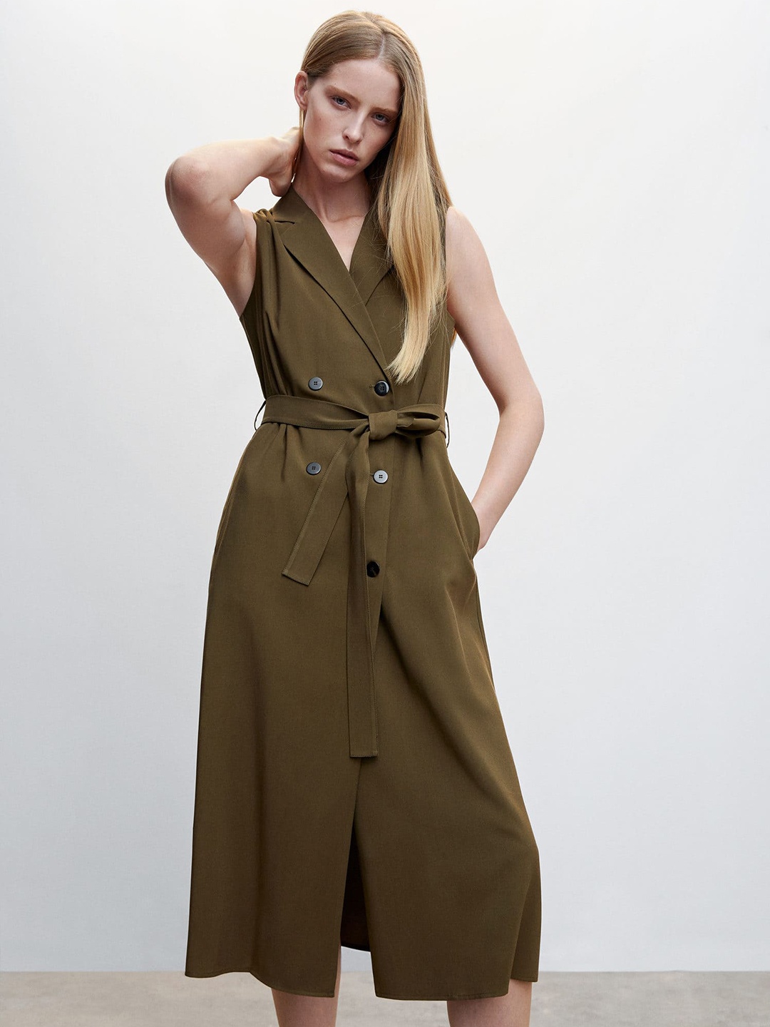 

MANGO Lapel Collar Sustainable Blazer Midi Dress, Olive