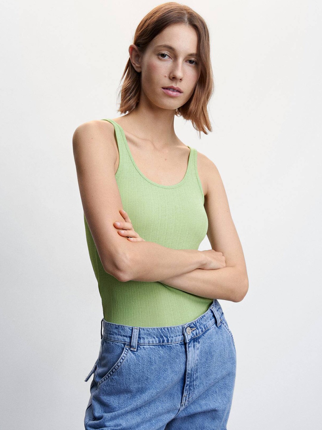 

MANGO Ribbed Top, Green