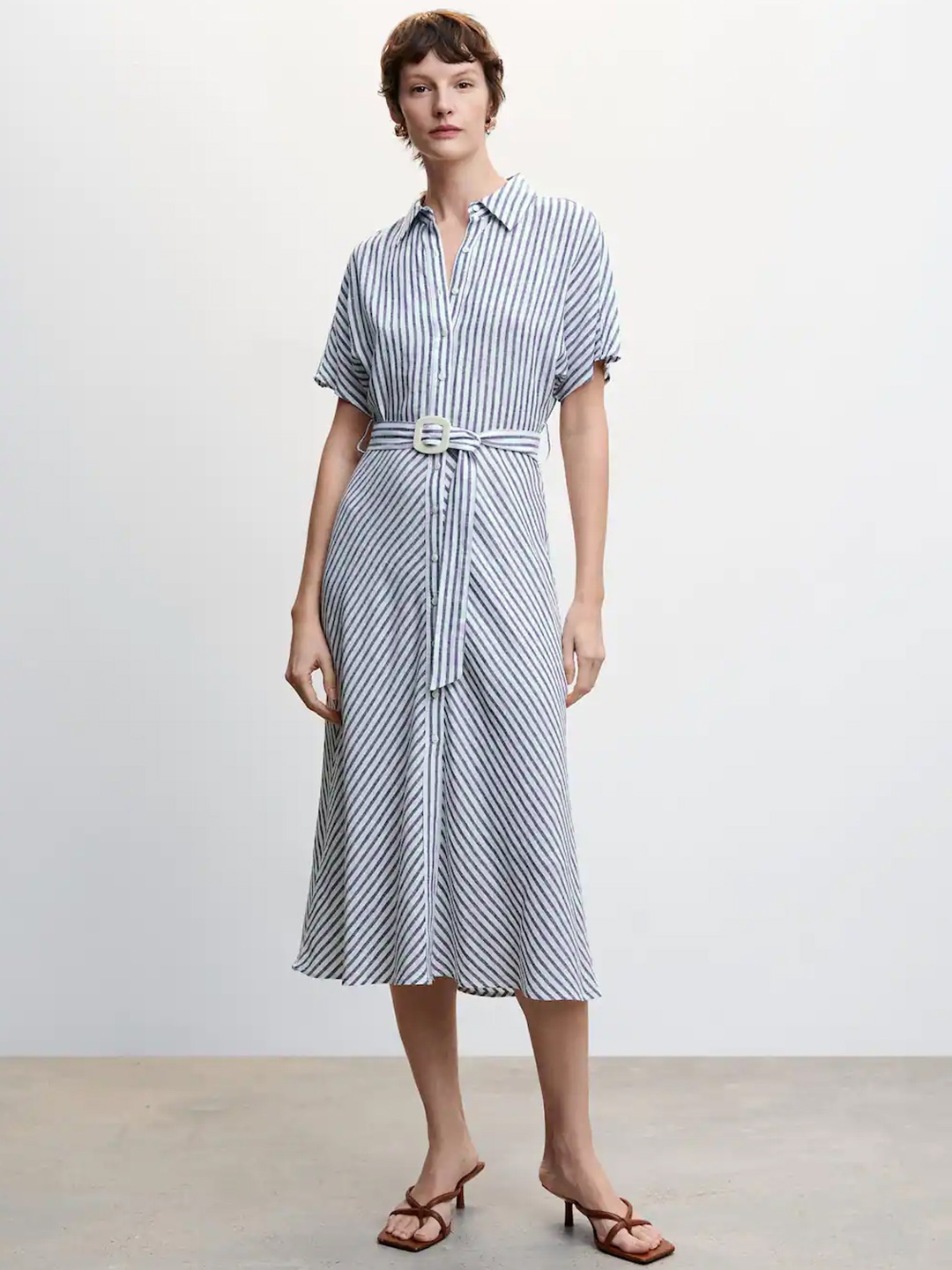 

MANGO Striped Linen Blend Shirt Midi Dress with Belt, Off white