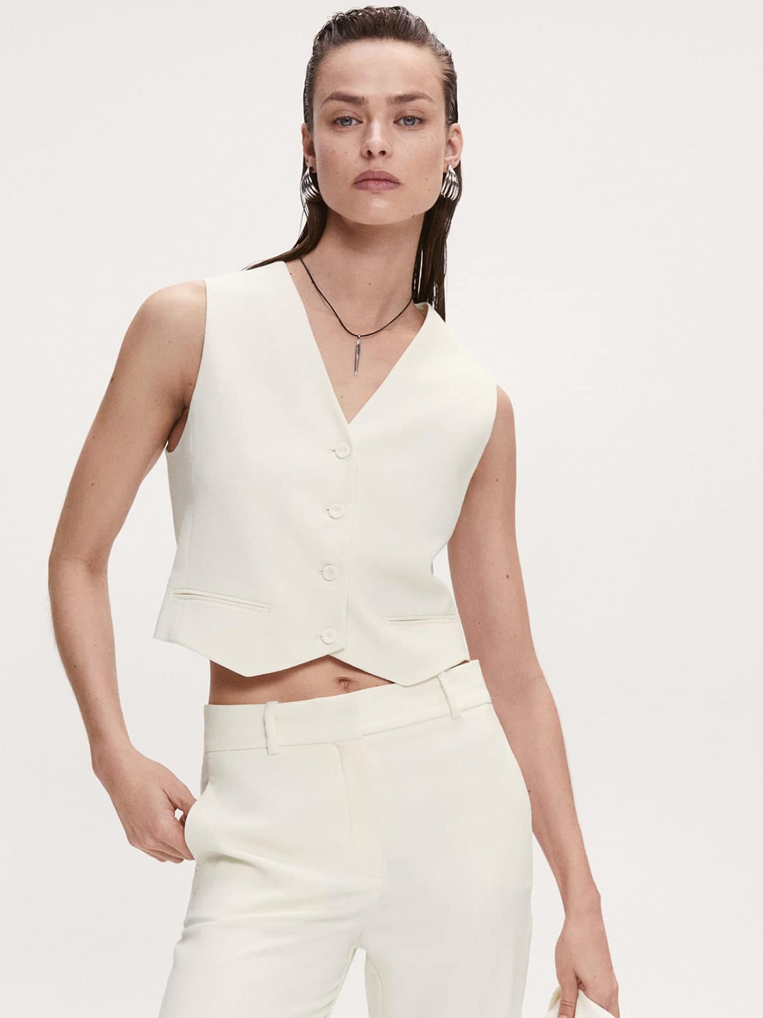 

MANGO V-Neck Crop Waistcoat With Adjustable Belt, Cream