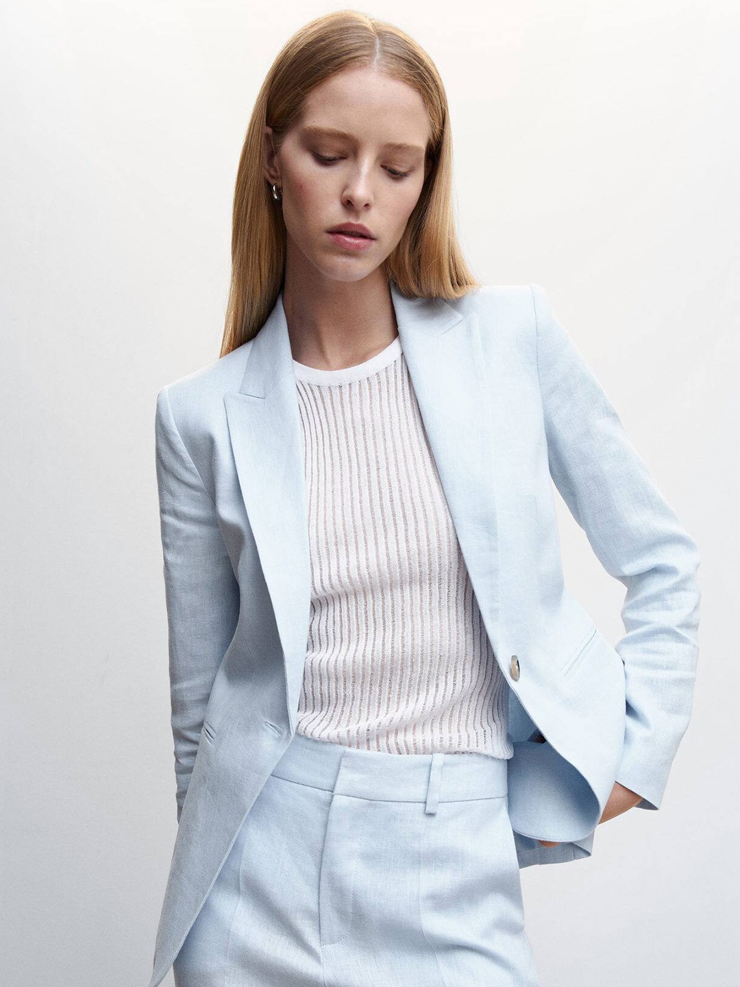 

MANGO Women Linen Single-Breasted Blazer, Blue