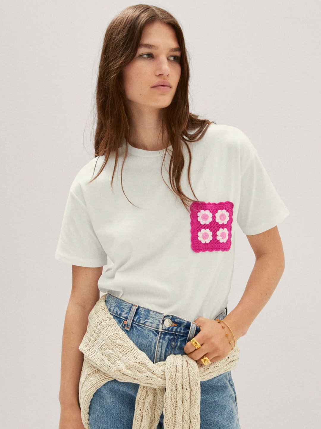 

MANGO Crochet Pocket Detailing Cotton T-shirt, White