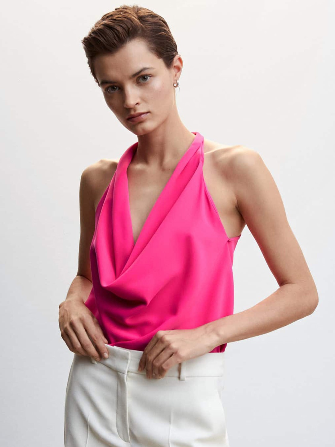 

MANGO Cowl Neck Regular Top, Pink