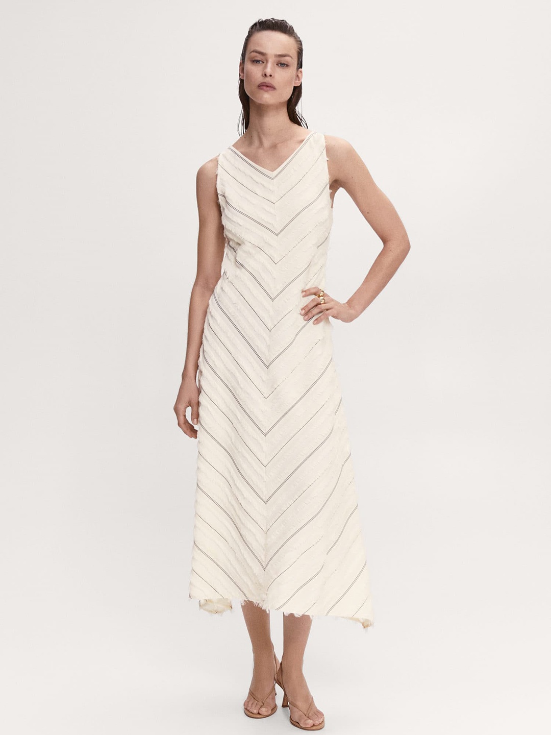 

MANGO Striped Fringed Maxi Dress, Off white