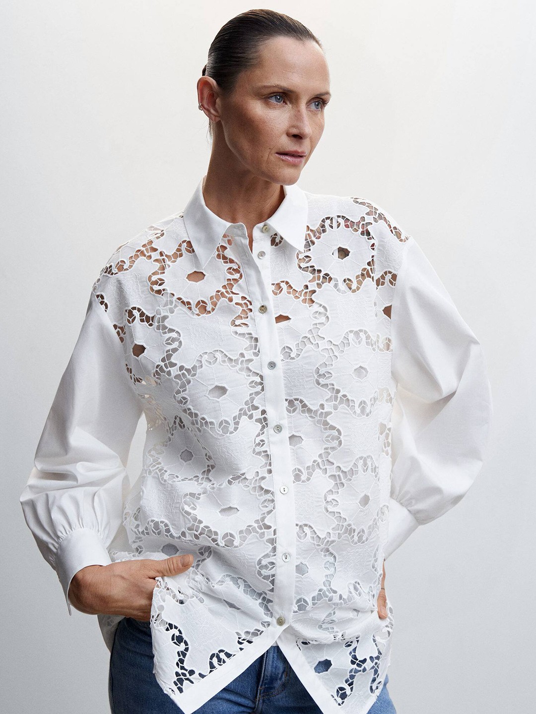 

MANGO Women Schiffli Opaque Casual Shirt, White