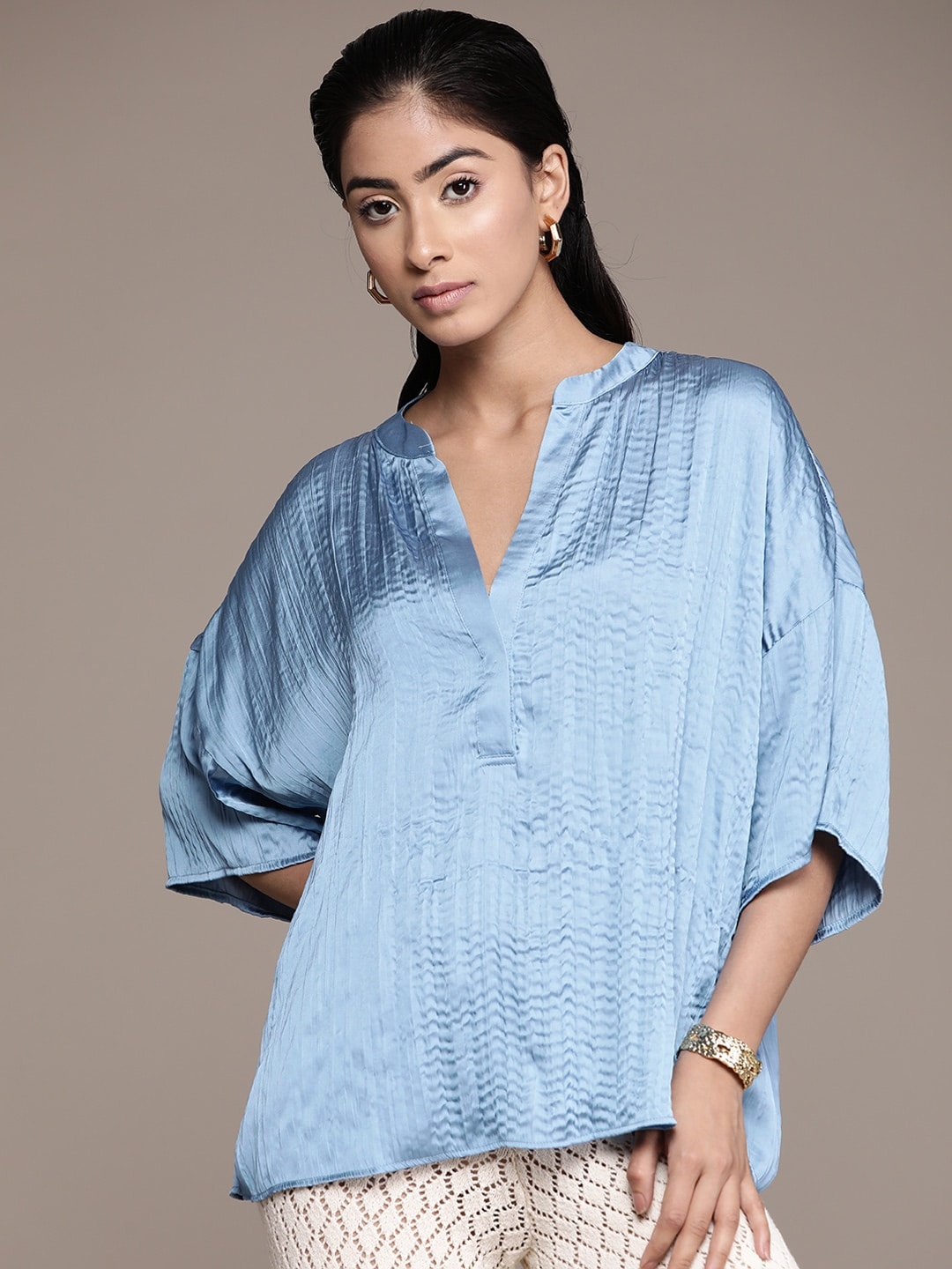 

MANGO Satin Finish Pleated Extended Sleeves Top, Blue