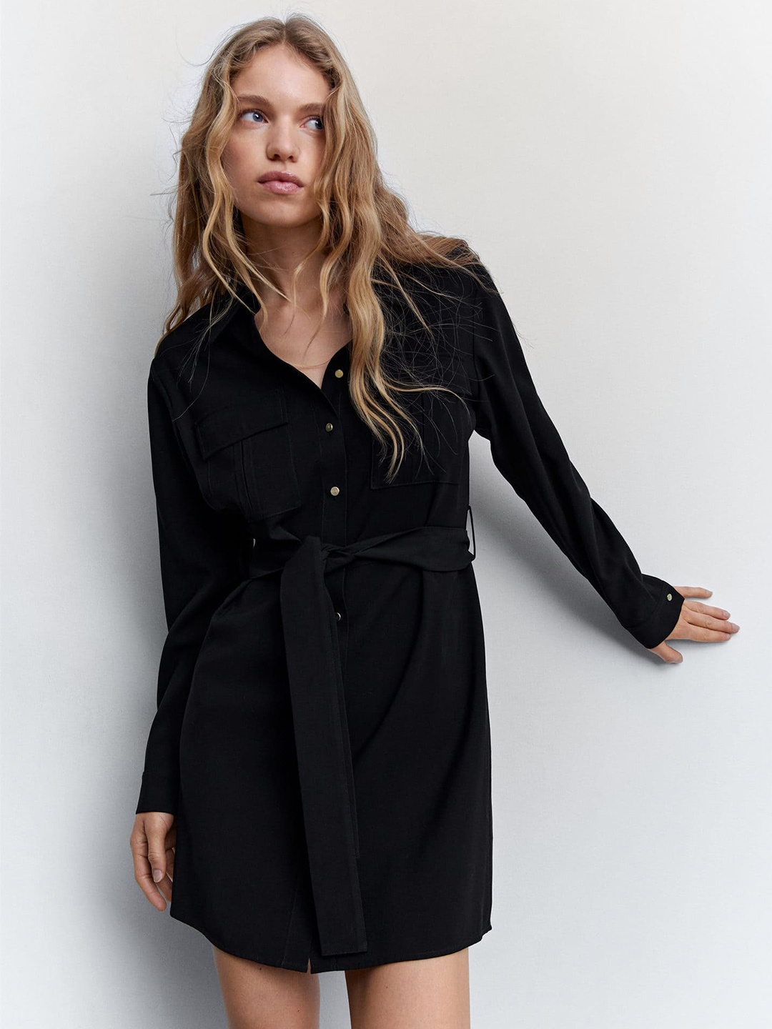 

MANGO Sustainable Shirt Dress With Tie-Up Belt, Black