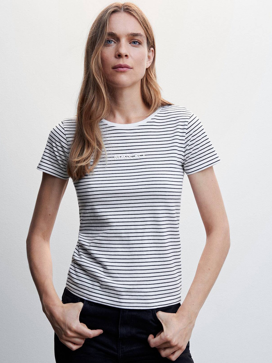 

MANGO Women Sustainable Striped Pure Cotton T-shirt, White