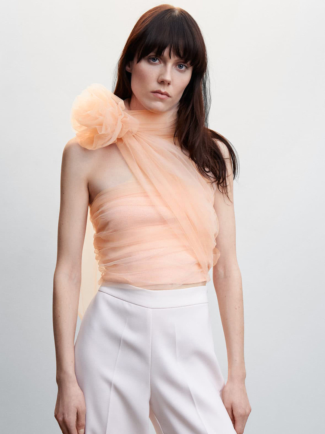 

MANGO One Shoulder Floral Corsage Lace Crop Top, Pink