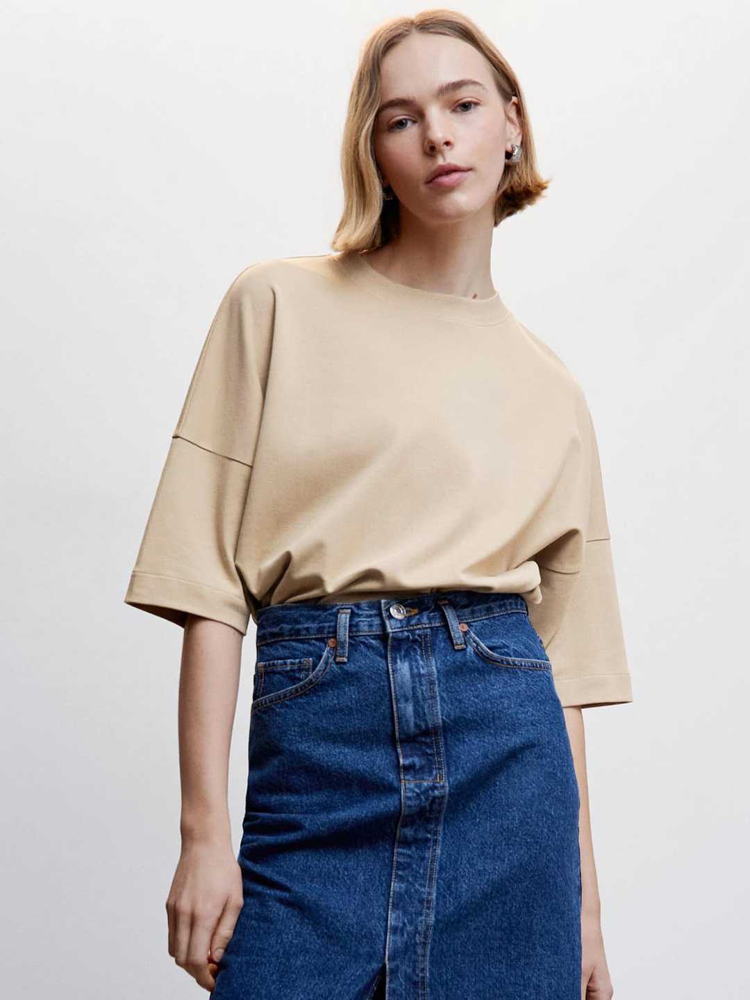 

MANGO Drop-Shoulder Sleeves Sustainable Cotton Oversized T-shirt, Beige