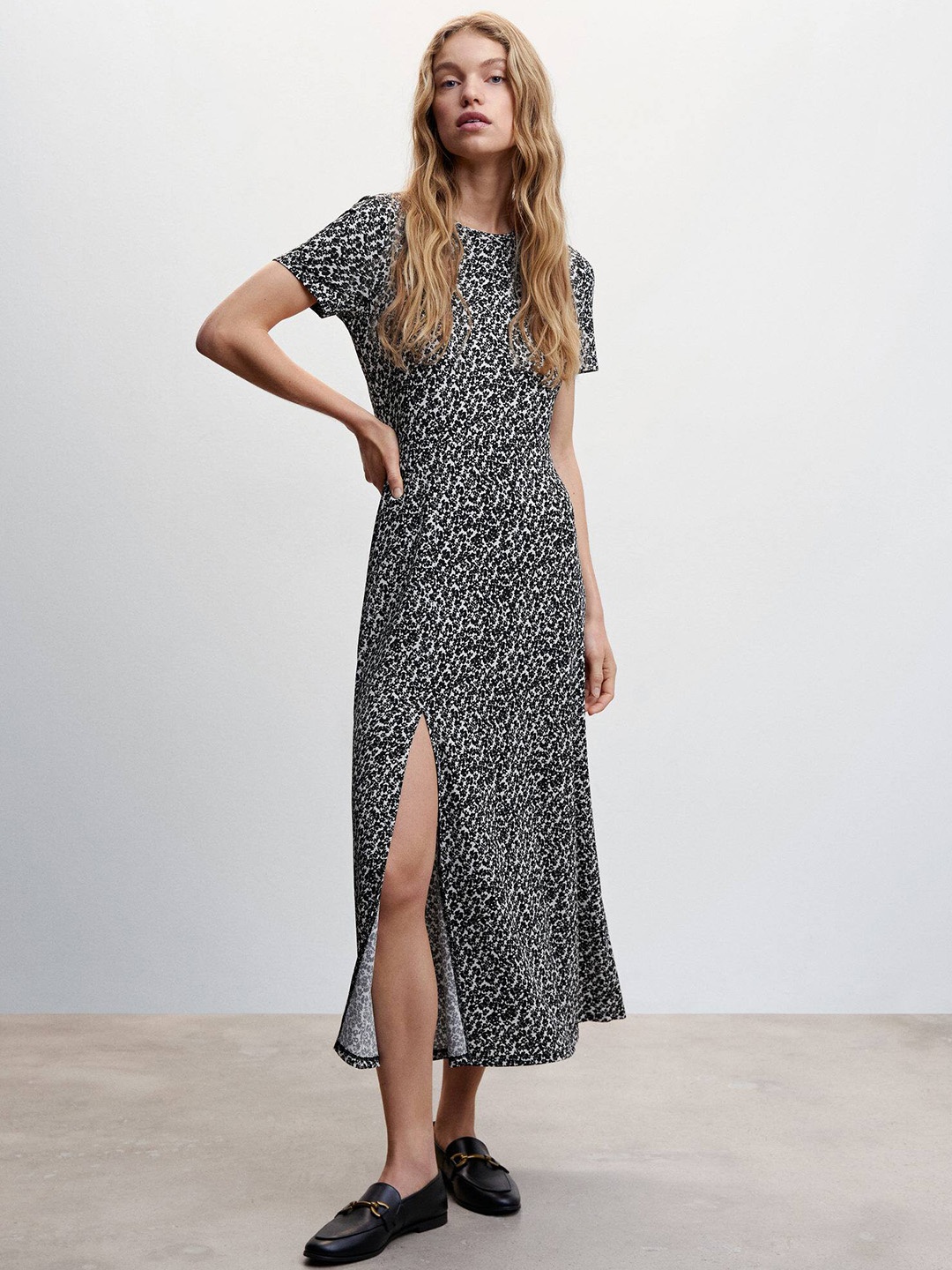

MANGO Floral Print A-Line Slit Midi Dress, White