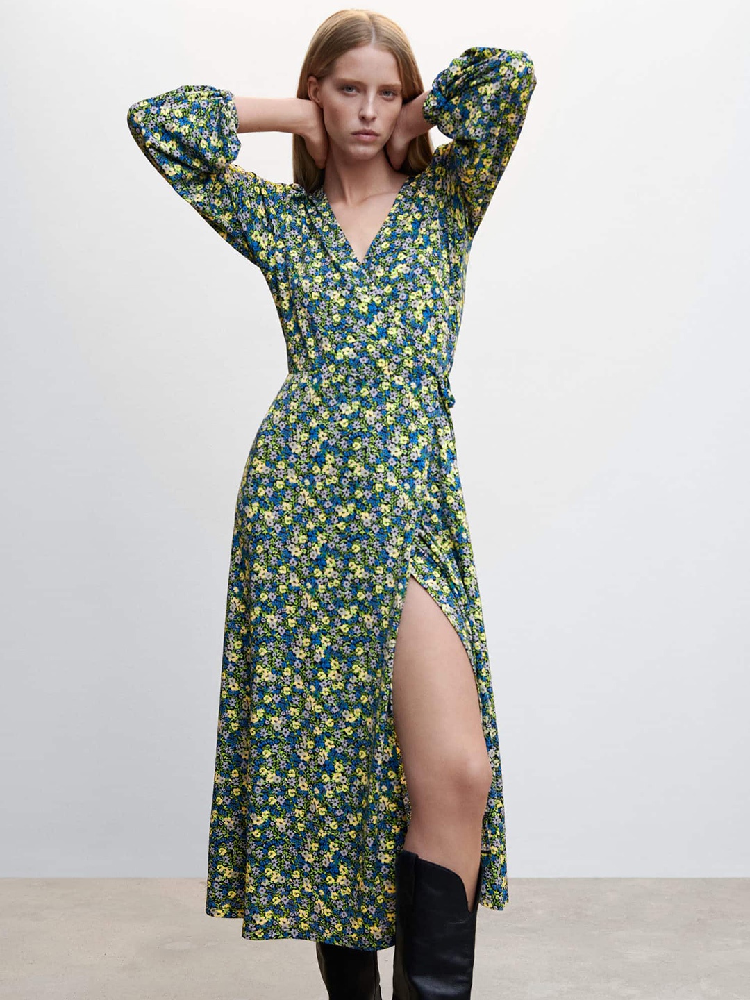 

MANGO Floral Print Puff Sleeve Midi Wrap Dress, Navy blue