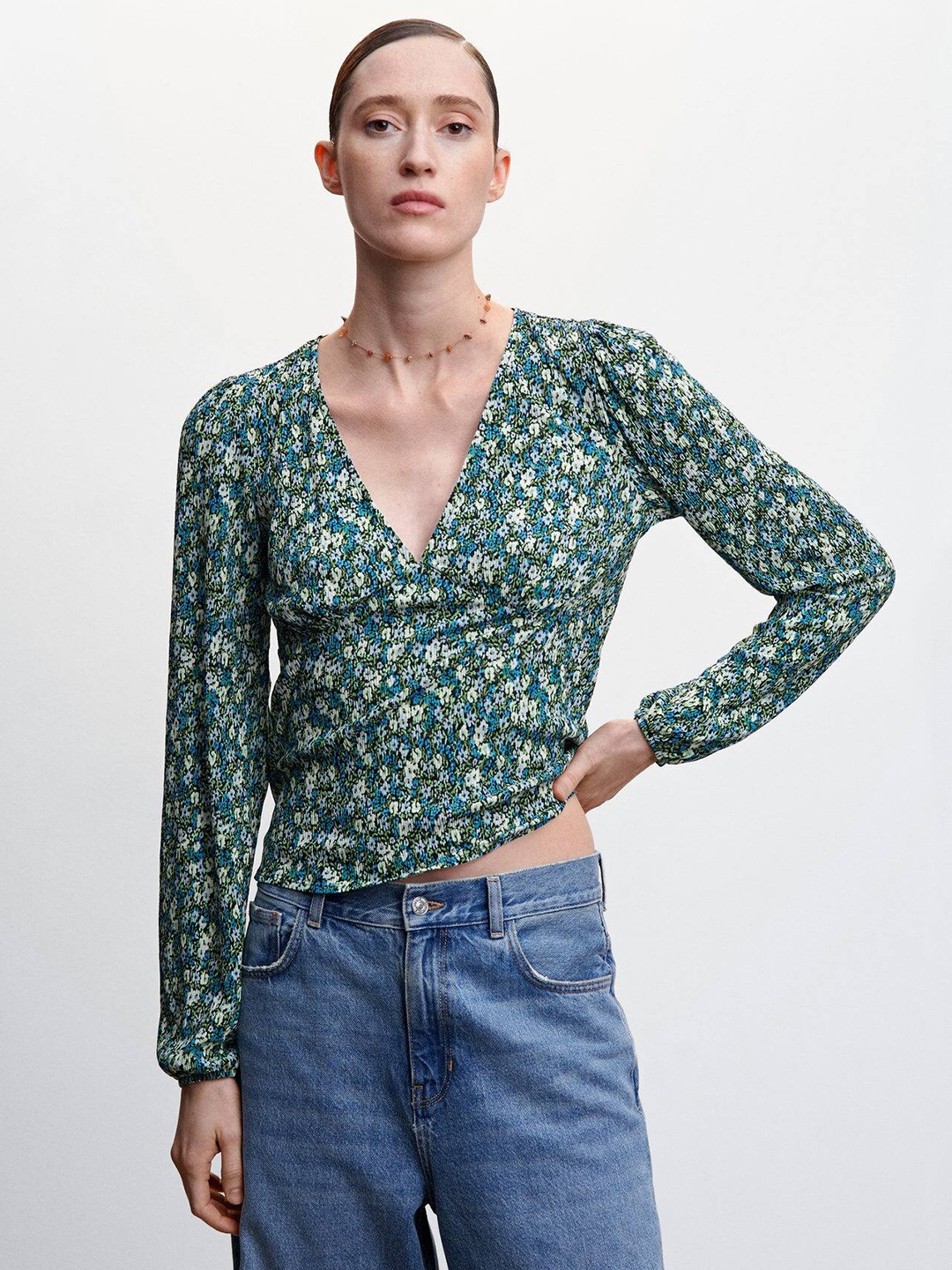 

MANGO Floral Printed Crinkled Empire Top, Green