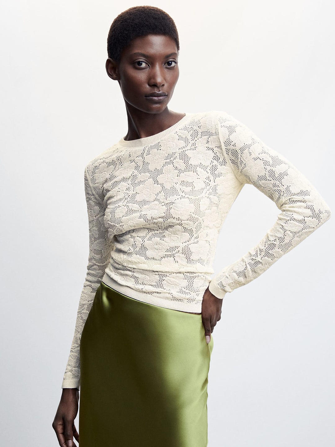 

MANGO Floral Lace Top, Off white