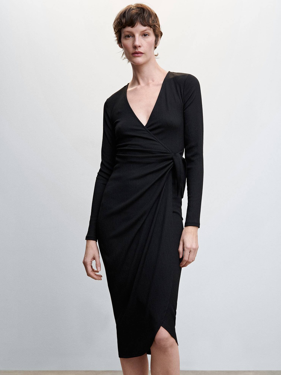 

MANGO Textured Wrap Midi Dress, Black