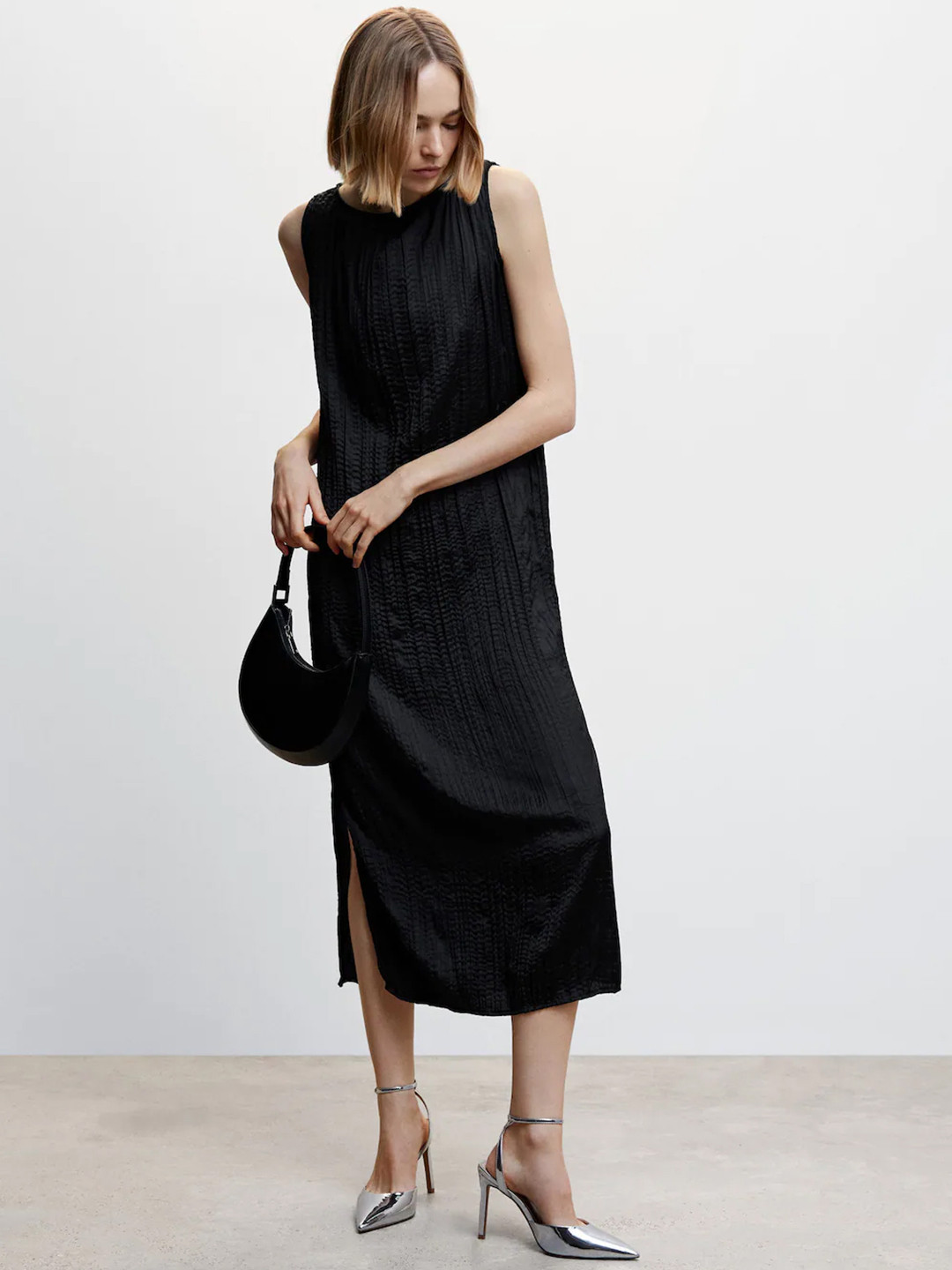 

MANGO Textured A-Line Midi Dress, Black