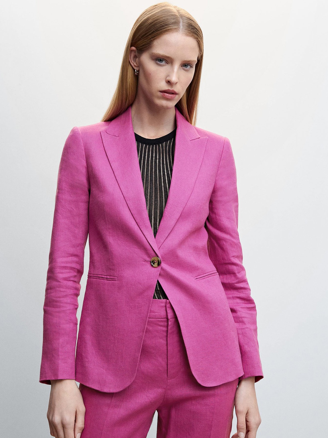 

MANGO Pure Linen Single-Breasted Blazer, Magenta