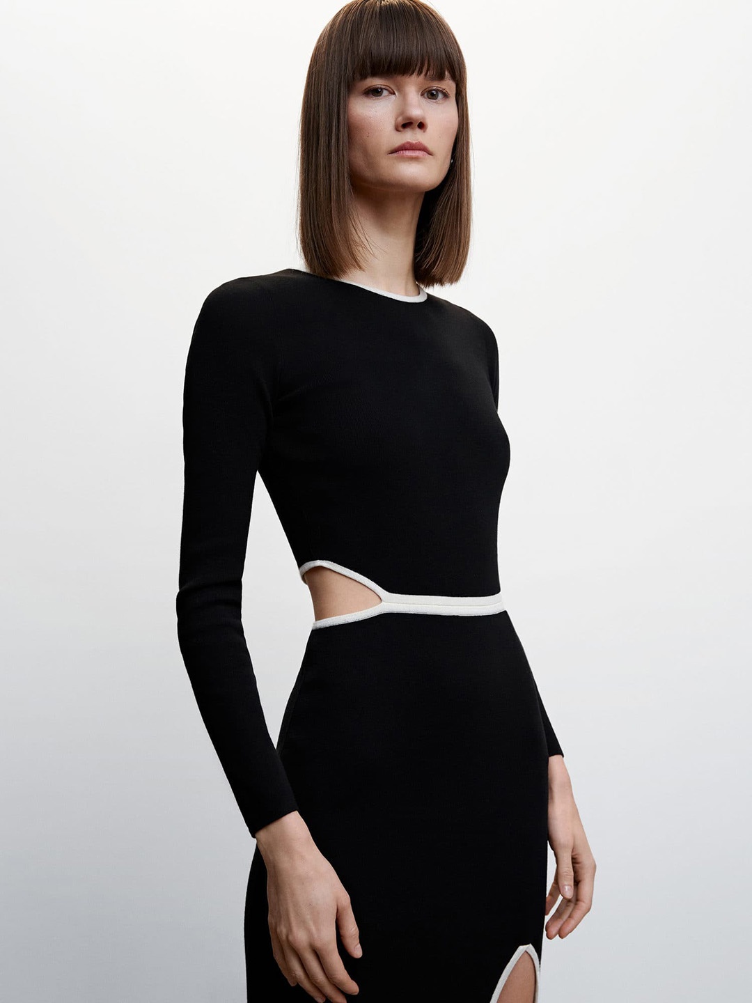 

MANGO Cut-Out Knitted Sheath Dress with Slit, Black