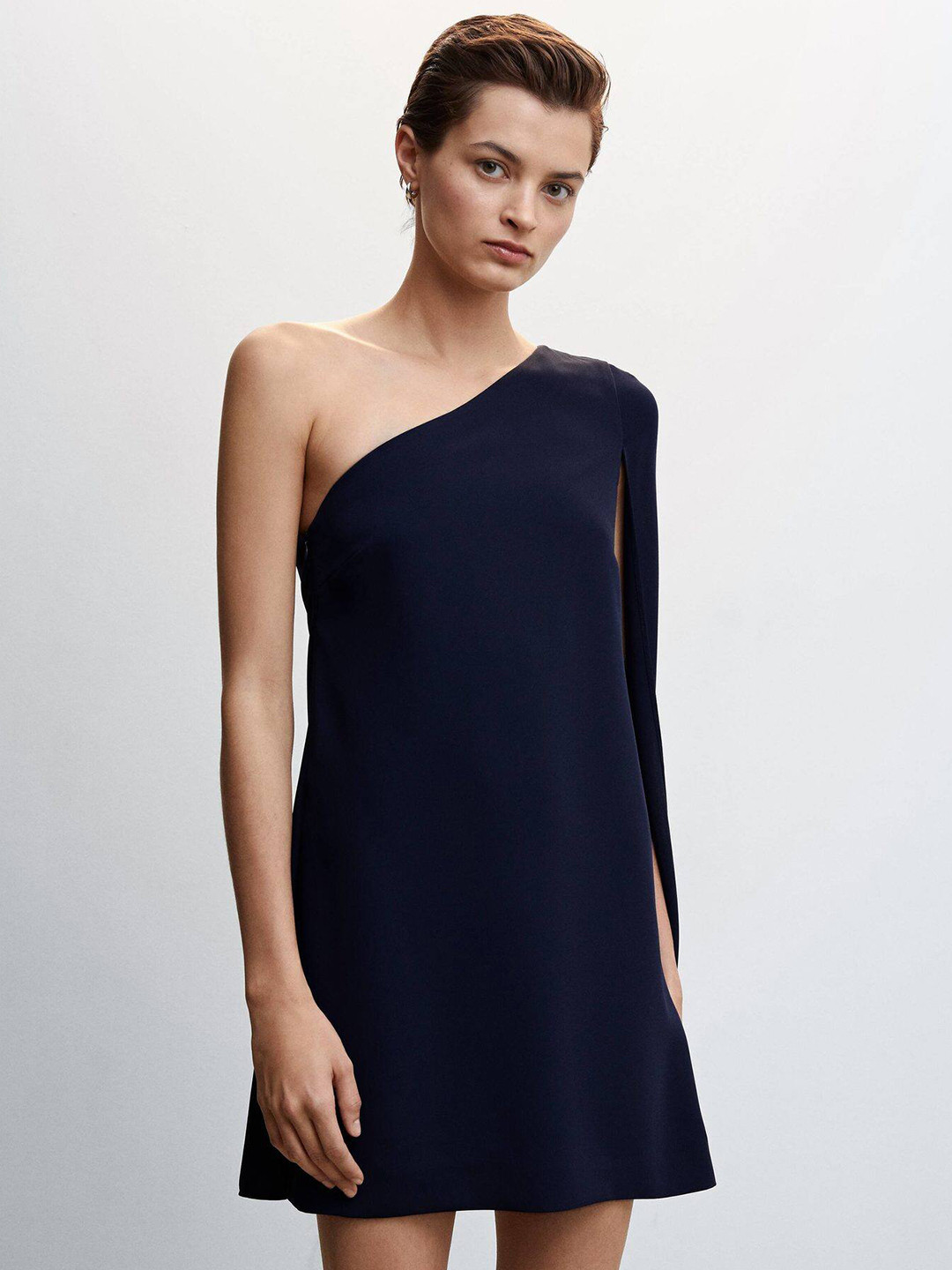 

MANGO One Shoulder Cape Sleeve A-Line Mini Dress, Navy blue