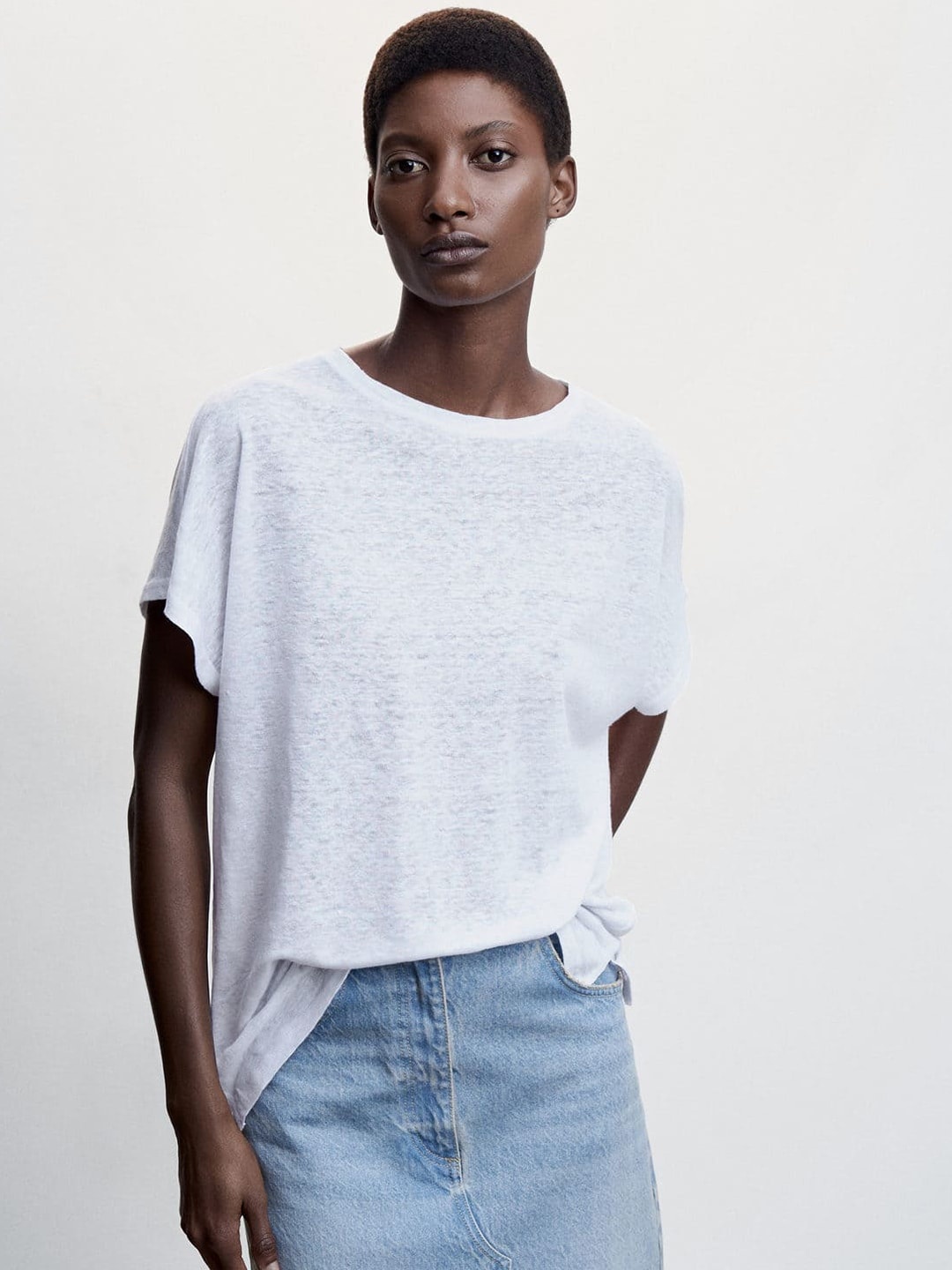 

MANGO Extended Sleeves Linen T-shirt, White
