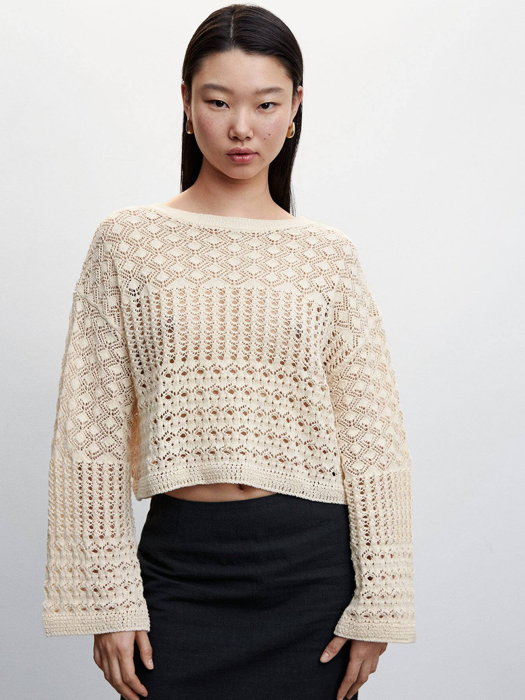 

MANGO Cotton Crochet Crop Top, Beige