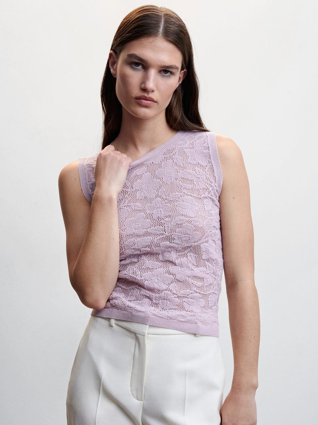 

MANGO Floral Self Design Cotton Top, Pink