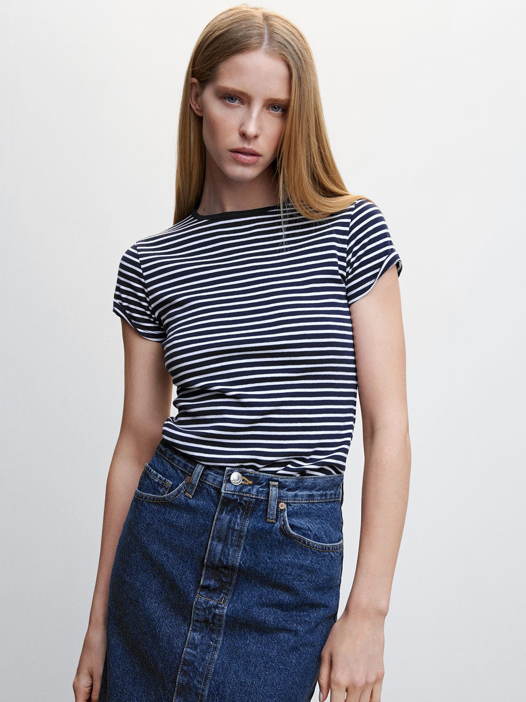 

MANGO Striped Pure Cotton T-shirt, White