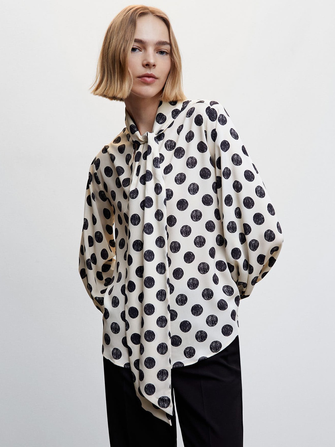 

MANGO Polka Dot Print Tie-Up Neck Top, Beige
