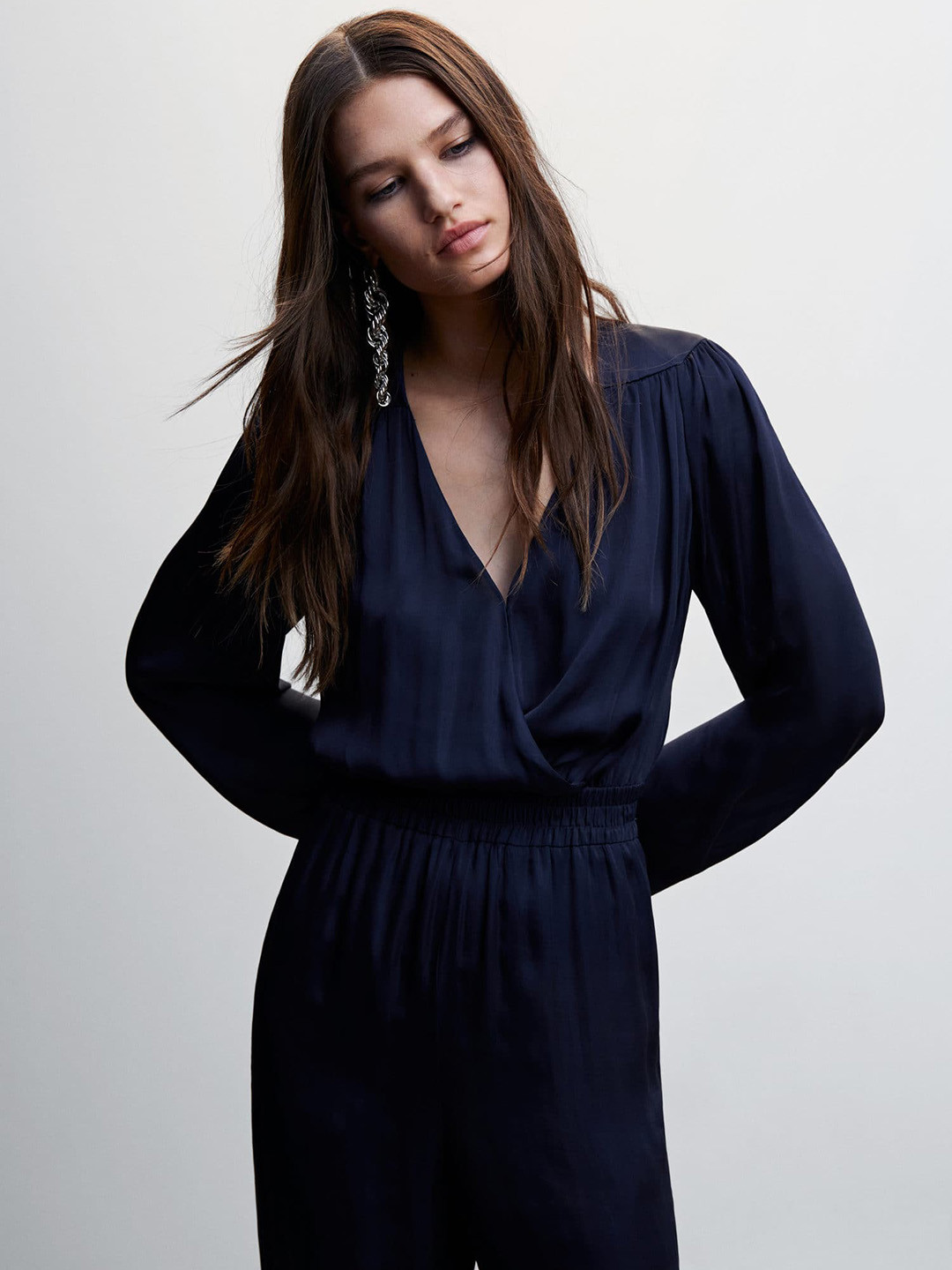 

MANGO V-Neck Satin Finish Wrap Jumpsuit, Navy blue