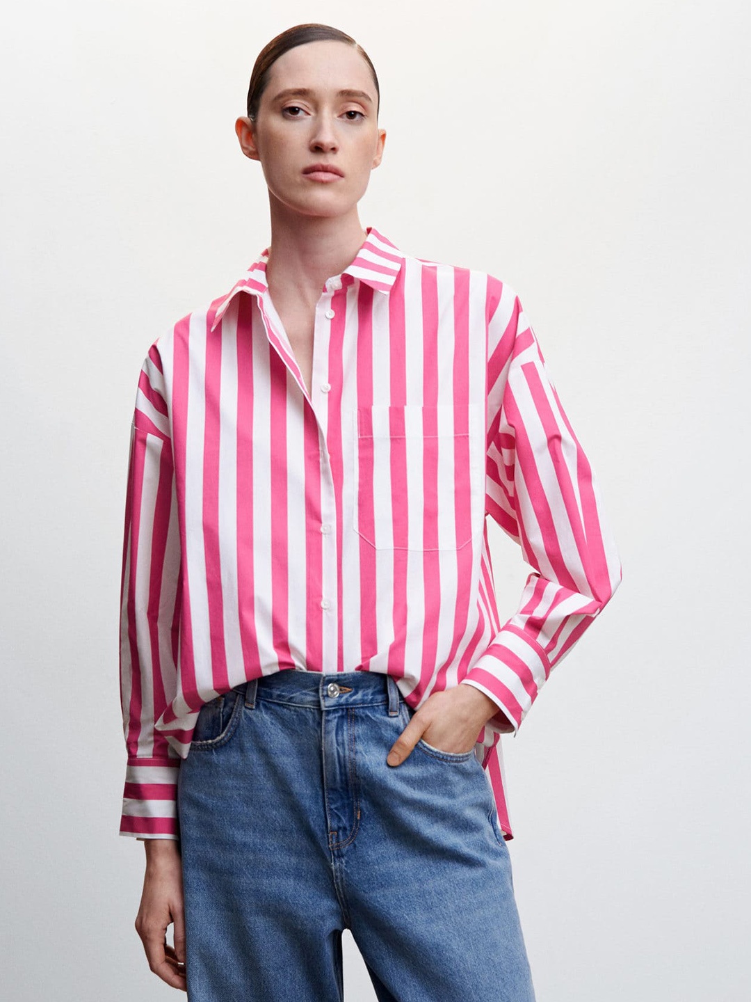 

MANGO Pure Cotton Striped Longline Shirt, Pink