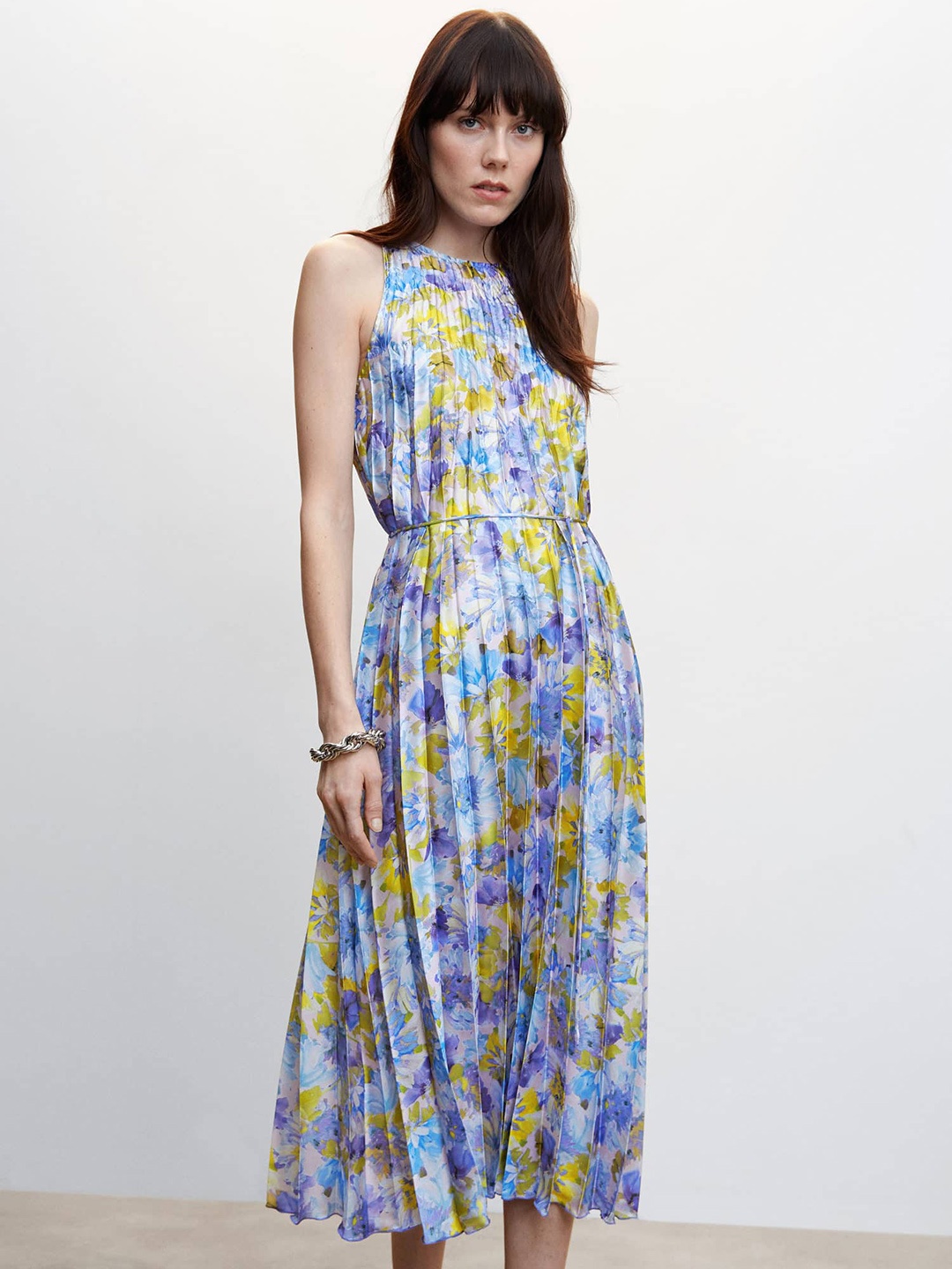

MANGO Floral Print Accordion Pleated A-Line Midi Dress with Belt, Blue