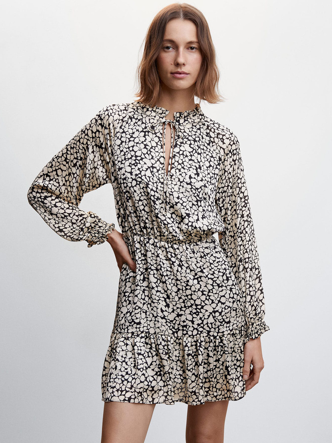 

MANGO Floral Print Tie-Up Neck A-Line Dress, Black