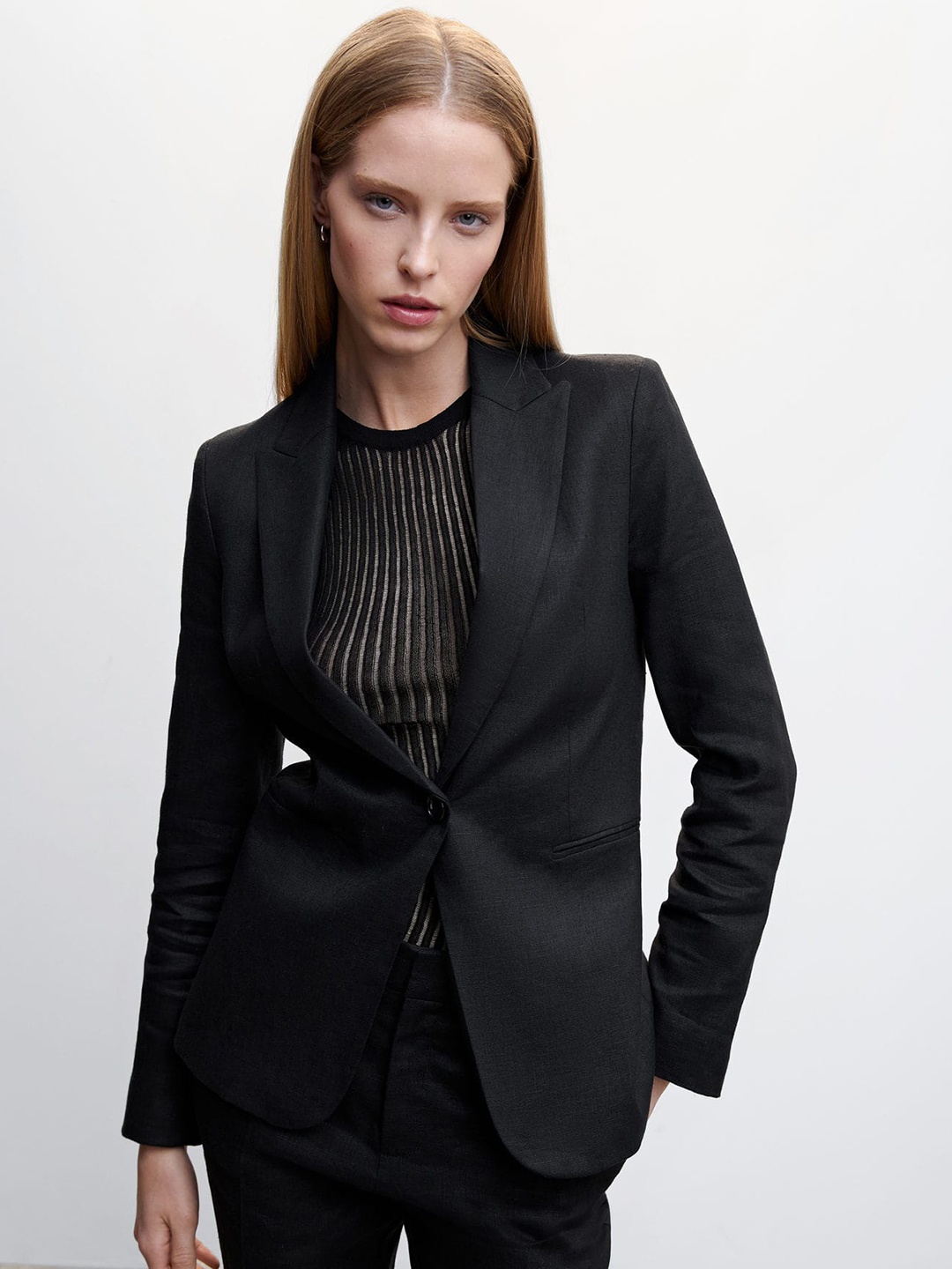 

MANGO Pure Linen Single-Breasted Sustainable Blazer, Black
