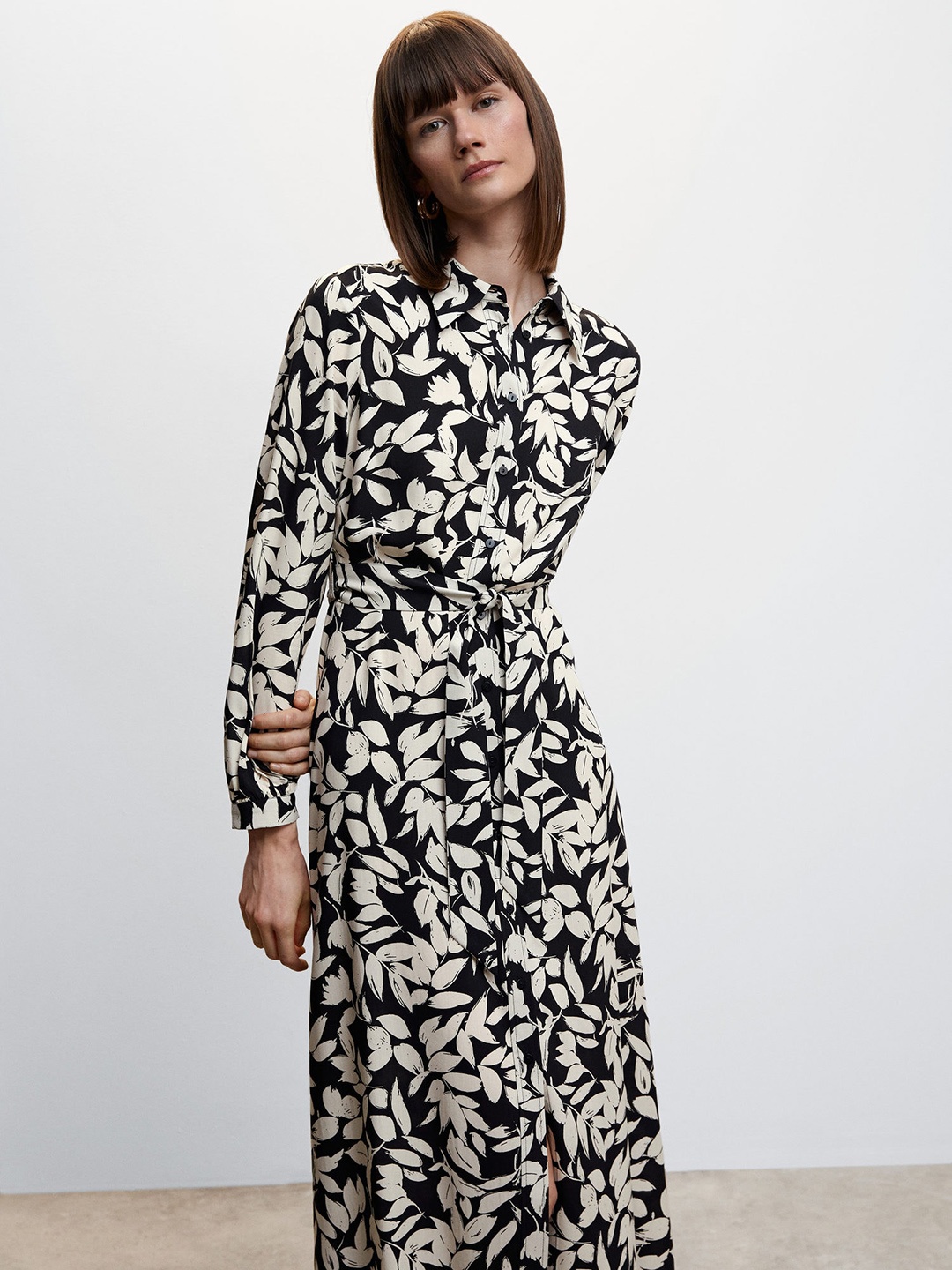 

MANGO Floral Print Shirt Maxi Dress with Belt, Off white