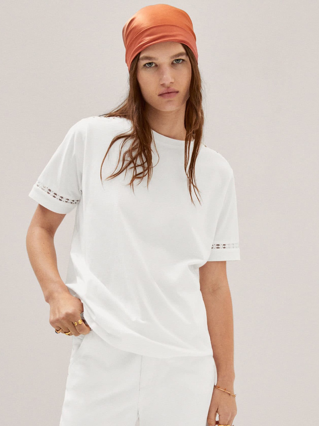 

MANGO Embroidered Detail Pure Cotton T-shirt, White