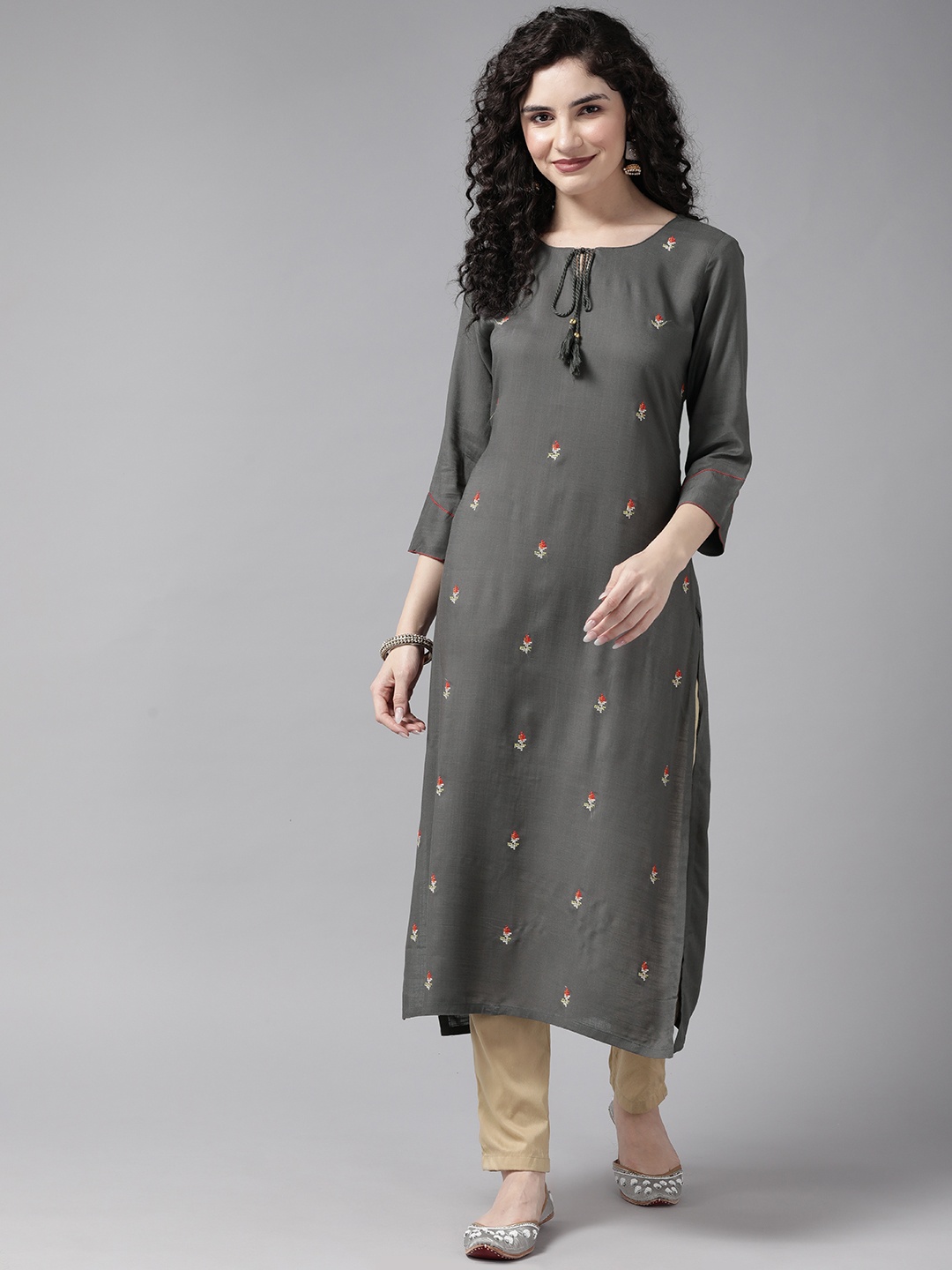 

Cayman Floral Embroidered Floral Kurta, Grey