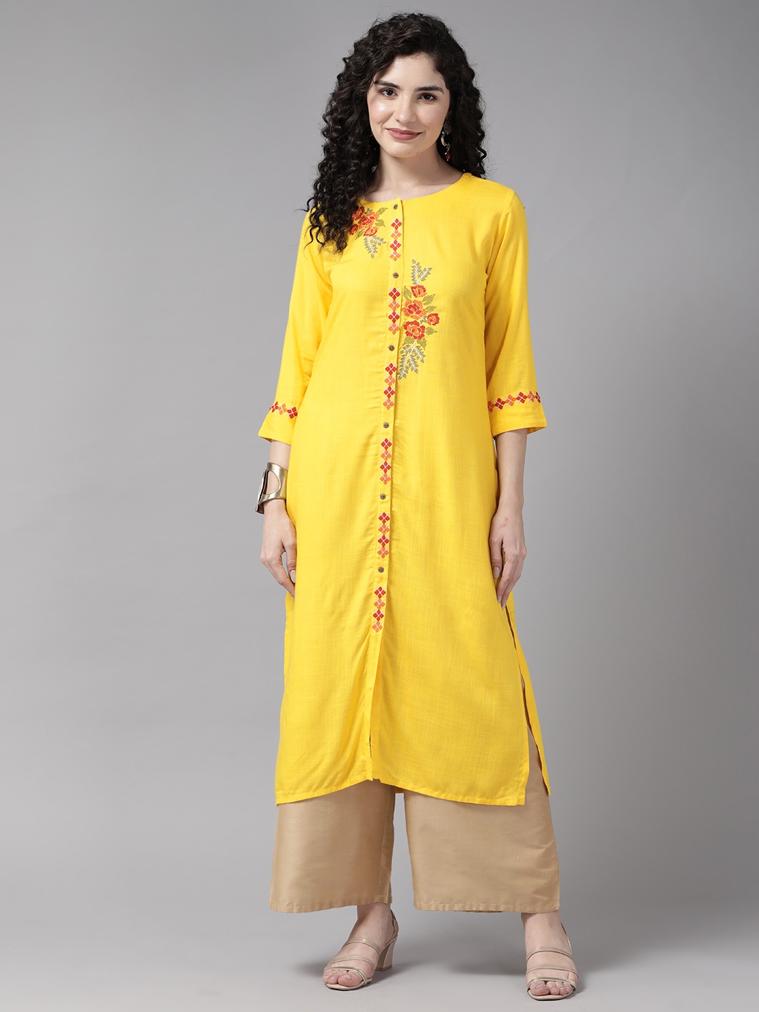 

Cayman Floral Embroidered Thread Work Kurta, Yellow
