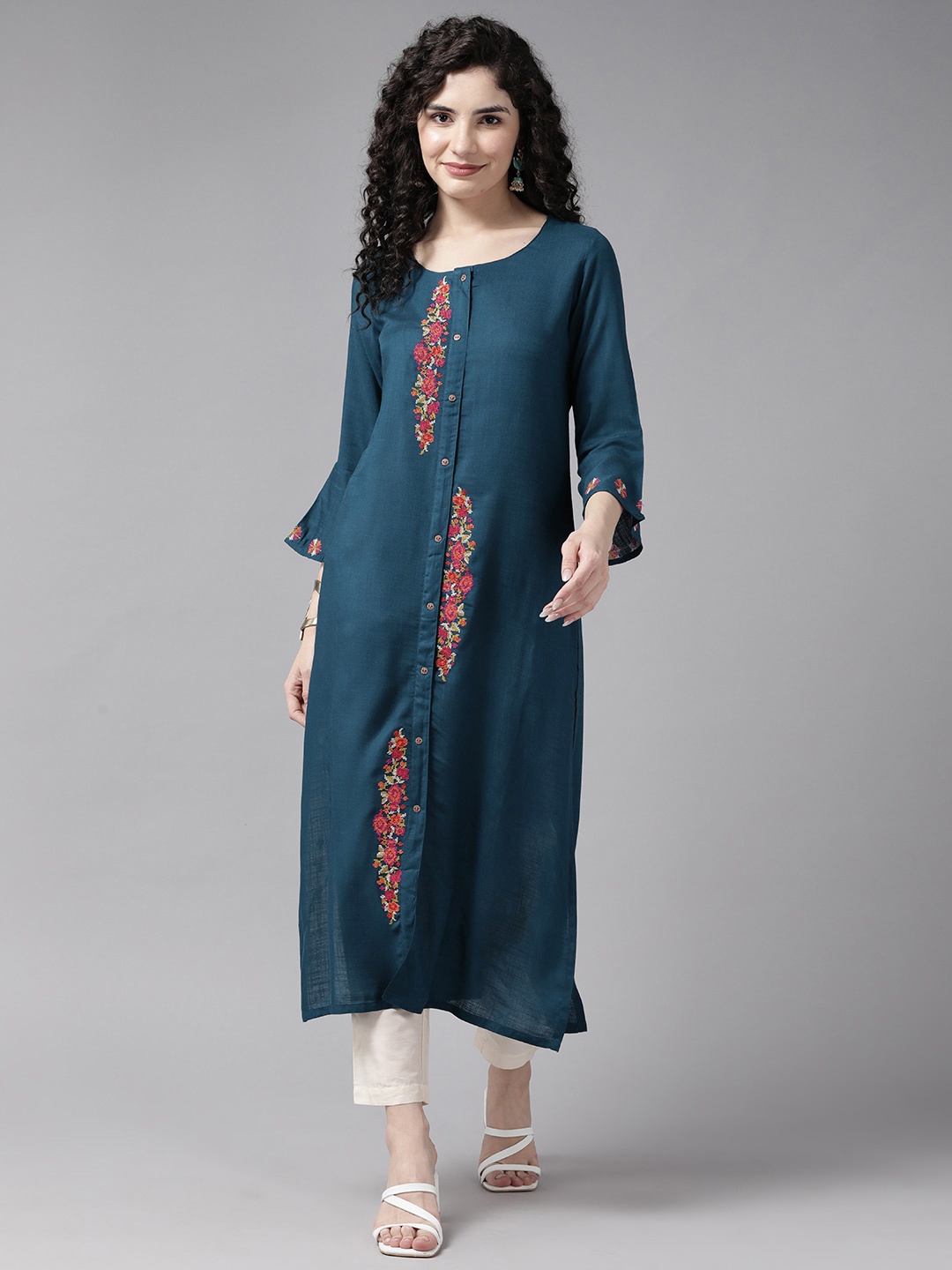 

Cayman Floral Embroidered Kurta, Teal