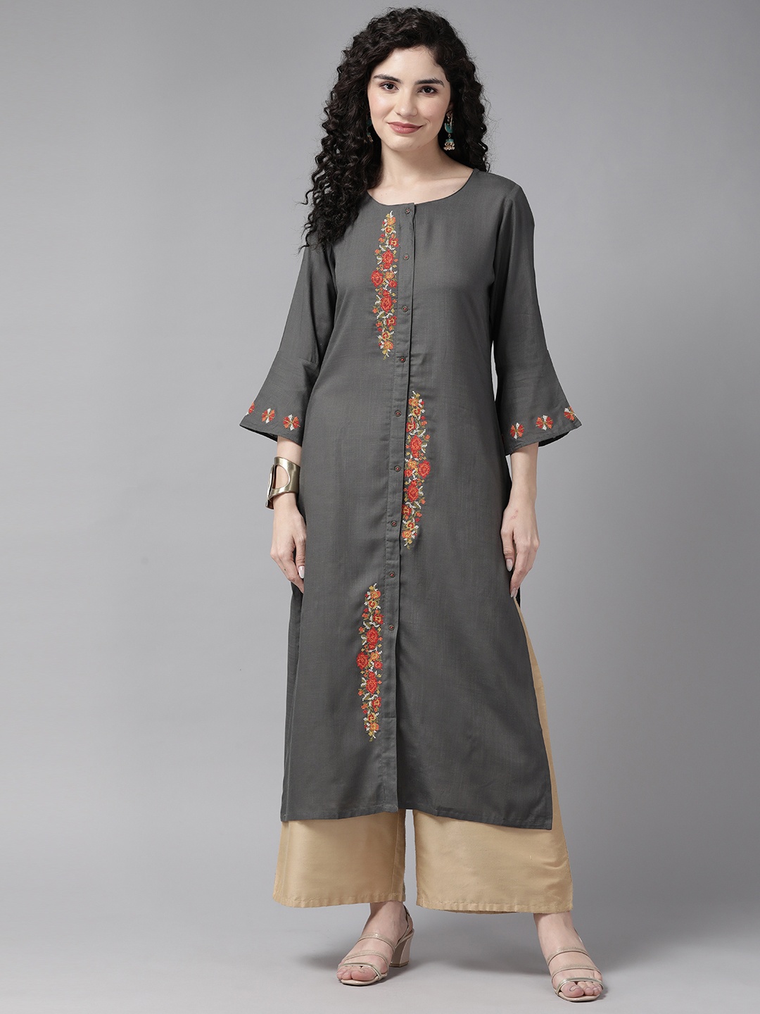 

Cayman Floral Embroidered Kurta, Grey