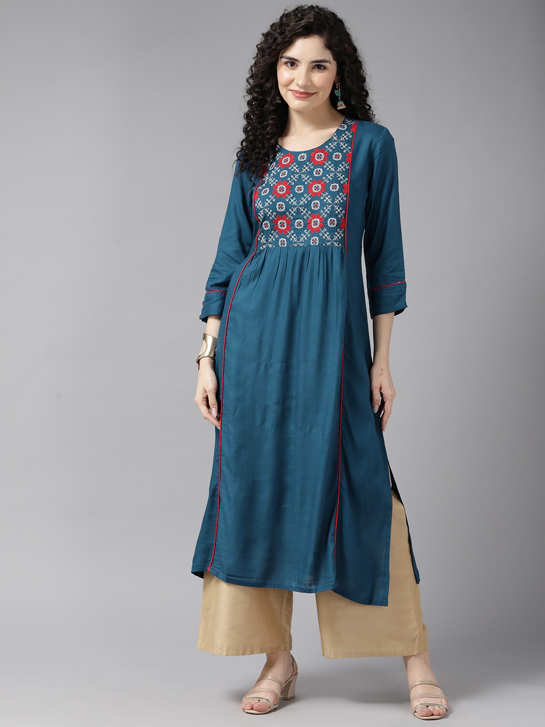 

Cayman Floral Embroidered Kurta, Teal