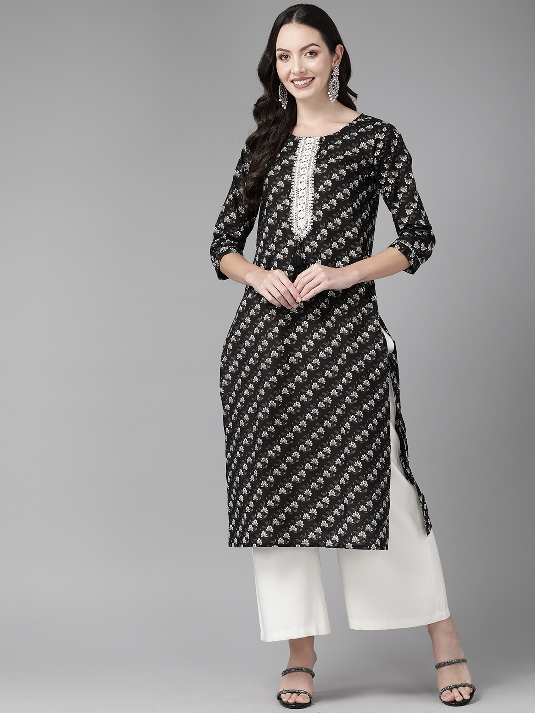 

Cayman Floral Printed Sequinned Laced Pure Cotton Kurta, Black