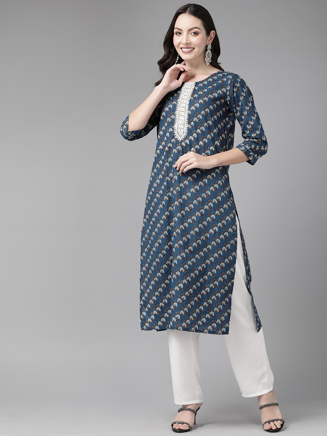 

Cayman Floral Printed Sequinned Floral Pure Cotton Kurta, Teal