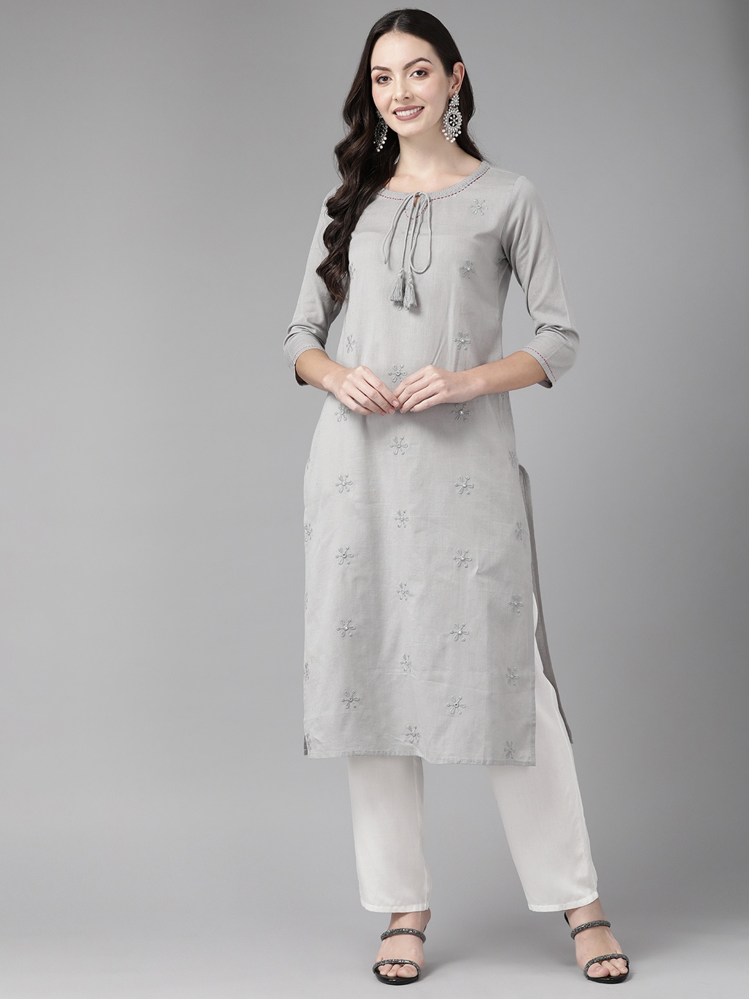 

Cayman Floral Embroidered Mirror Work Pure Cotton Kurta, Grey