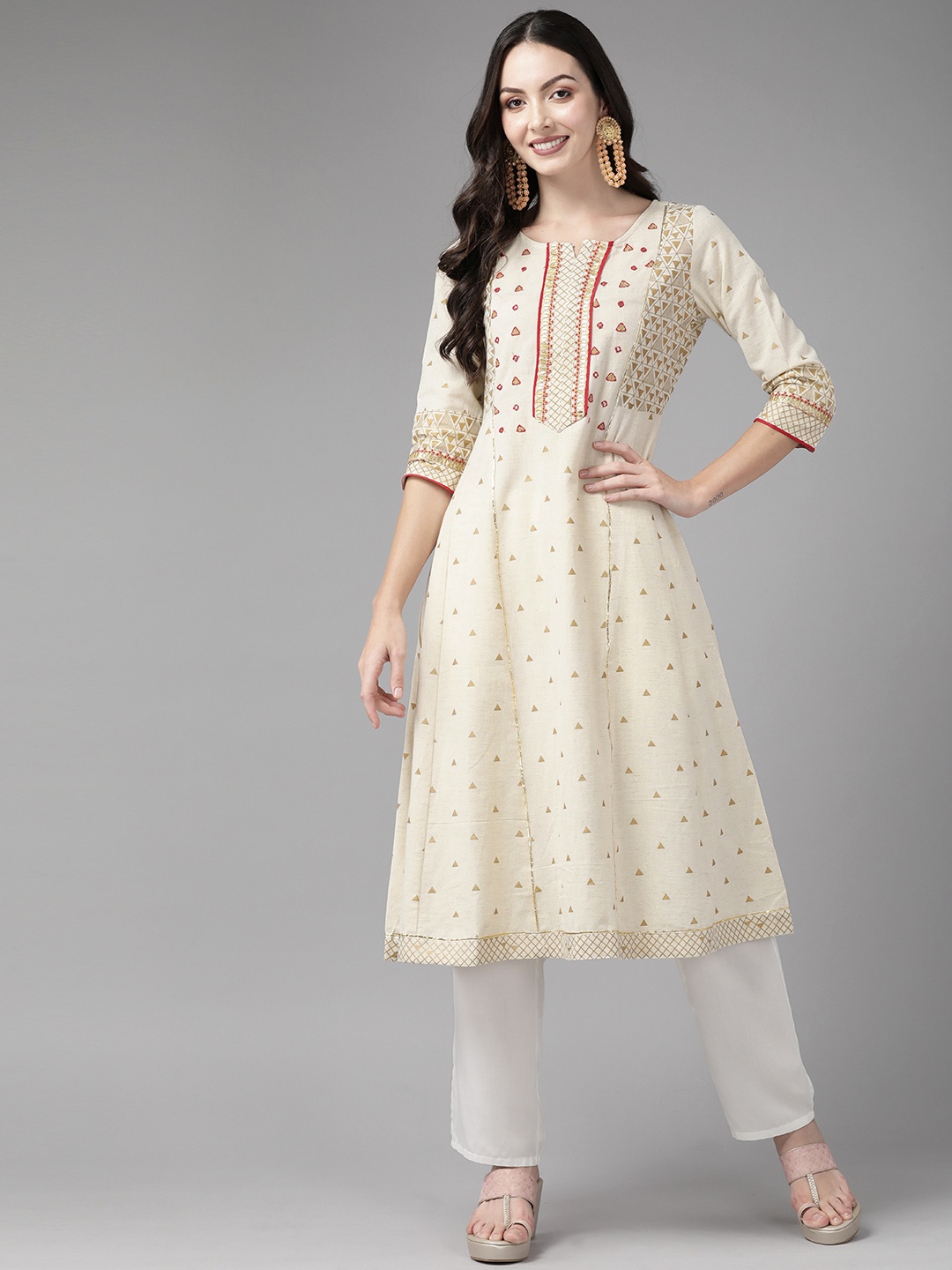 

Cayman Geometric Printed Mirror Work Pure Cotton Kurta, Beige