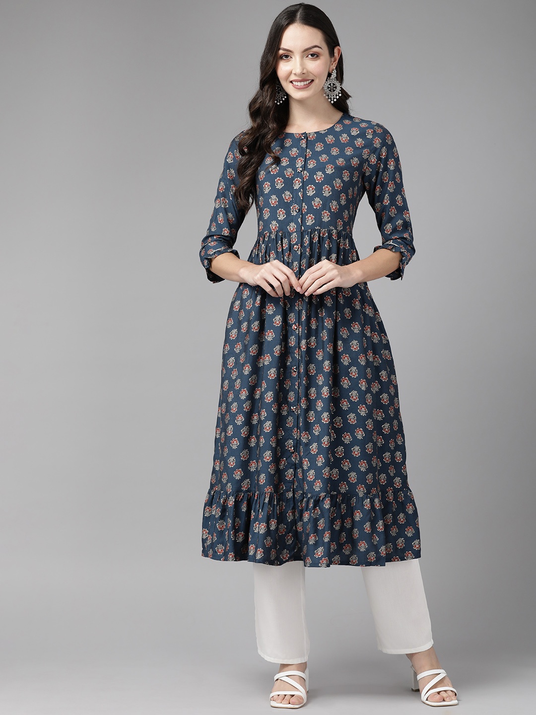 

Cayman Floral Printed Pure Cotton Kurta, Teal
