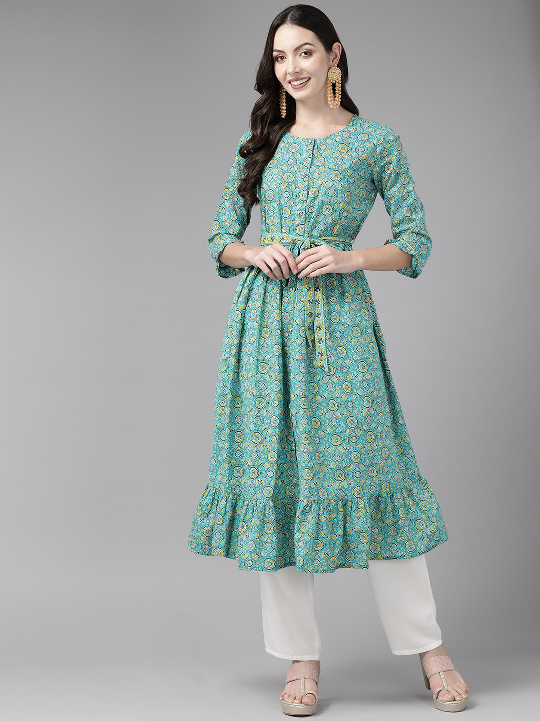 

Cayman Ethnic Motifs Printed Pure Cotton Kurta, Turquoise blue