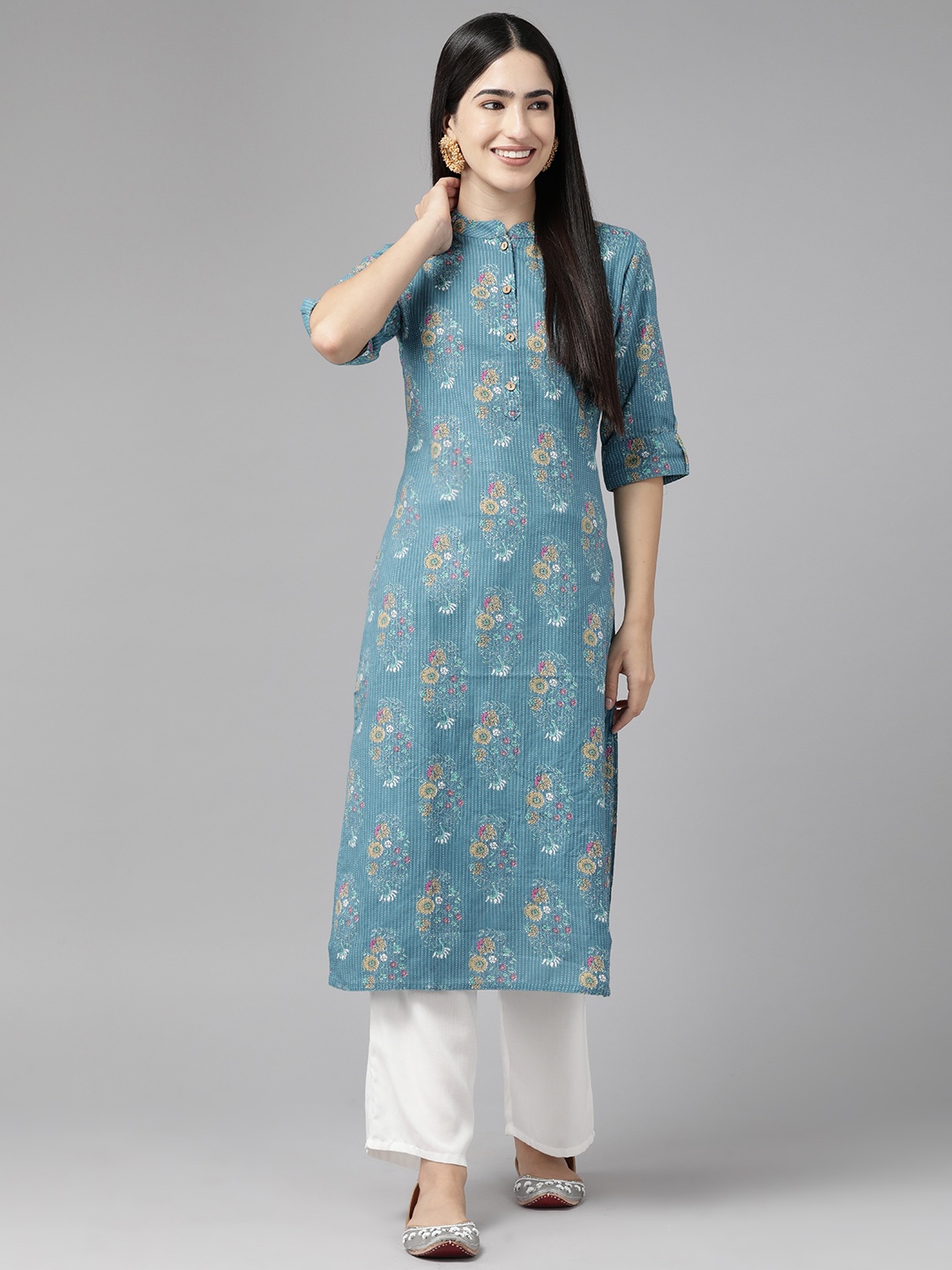 

Cayman Floral Printed Kantha Work Pure Cotton Kurta, Blue